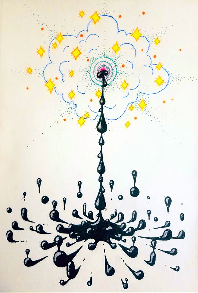 An ink drawing of an abstract cloud-shaped breast with yellow sparkles around it, squirting black milk into a puddle below.