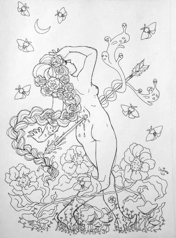 An ink drawing of a nude cis woman ith a long thick braid stumbling with her back to the viewer. A giant arrow pierces her center, and ghosts rise from the wound. Giant daisies are circled around her in a chaotic dance-like motion.