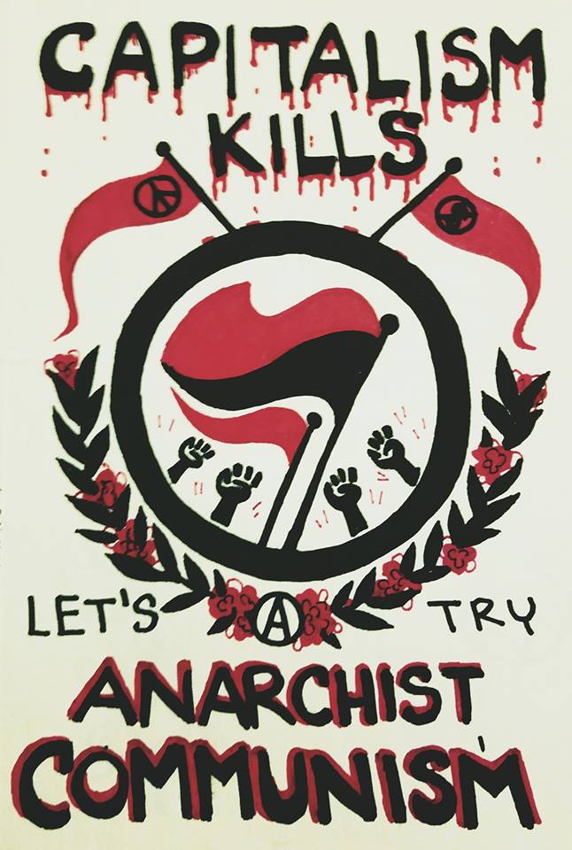 A copic marker drawing of an antifascist red and black flag emblem with a wreath of roses and black leaves around it. Text at the top reads, 'Capitalism Kills,' and below reads, 'Let's try anarchist communism.'