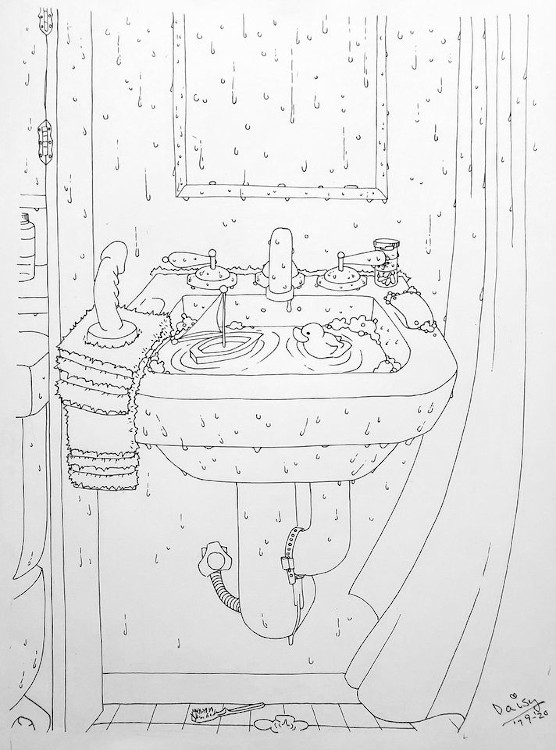 drawing of a bathroom scene showing a sink and part of a toilet and shower. There is a dildo on a towel on the left side of the sink, a bar of soap on the right side, and the sink is filled with water and a toy boat and a rubber duck are floating in the water.