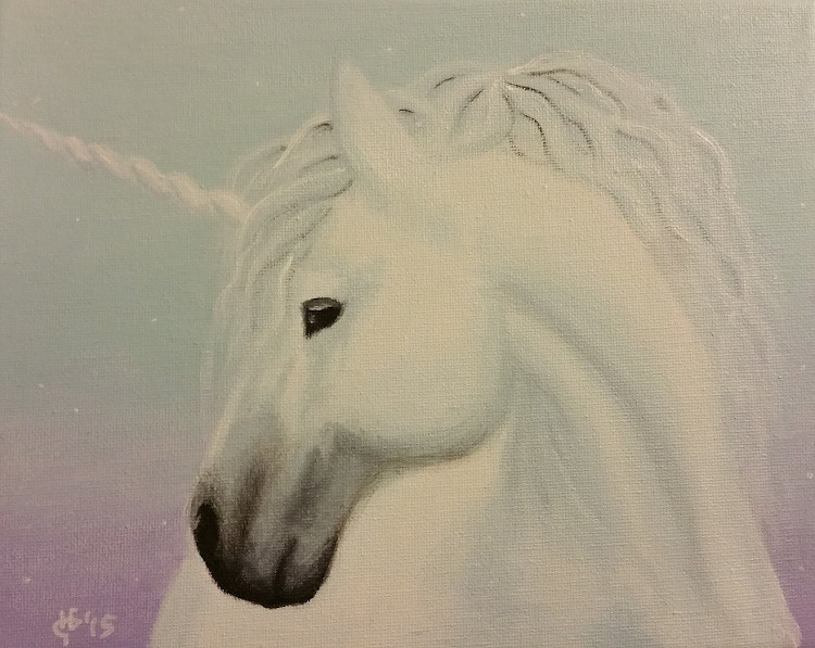 An acrylic painting of a white unicorn with a pastel colored background.