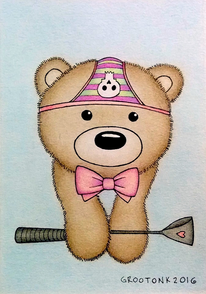 A colorful drawing of a teddy bear with short dark brown fur against a blue background. He wears a pair of 
            thong panties on his head with a pink waistband and purple-and-green stripes on the rest, with a cartoon skull on the front. In his paws he has a riding crop type flogger/whip.