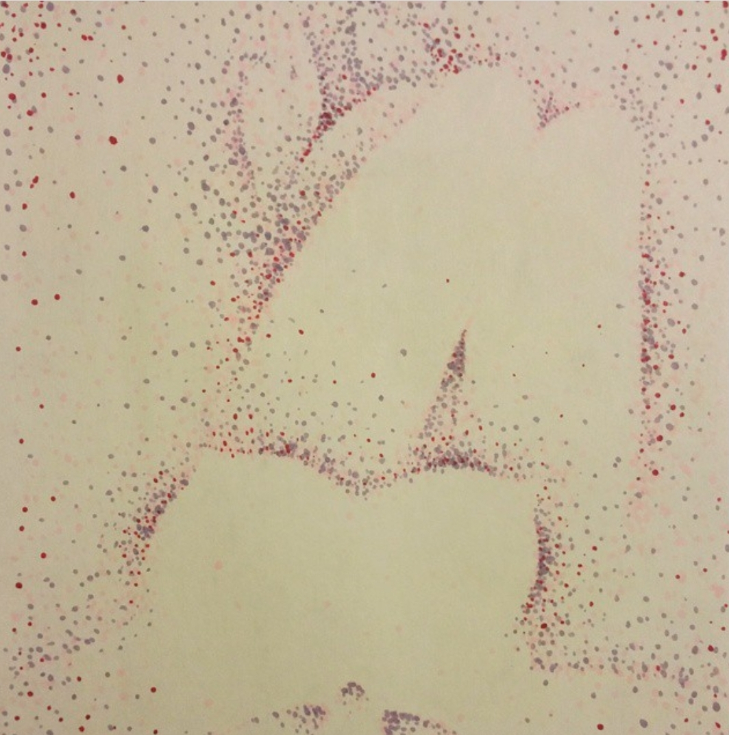 A pointillism drawing in pink and purple Copic marker using negative space to suggest the form of a nude woman from above, so only the tops of her breasts, thighs, and feet are visible.
