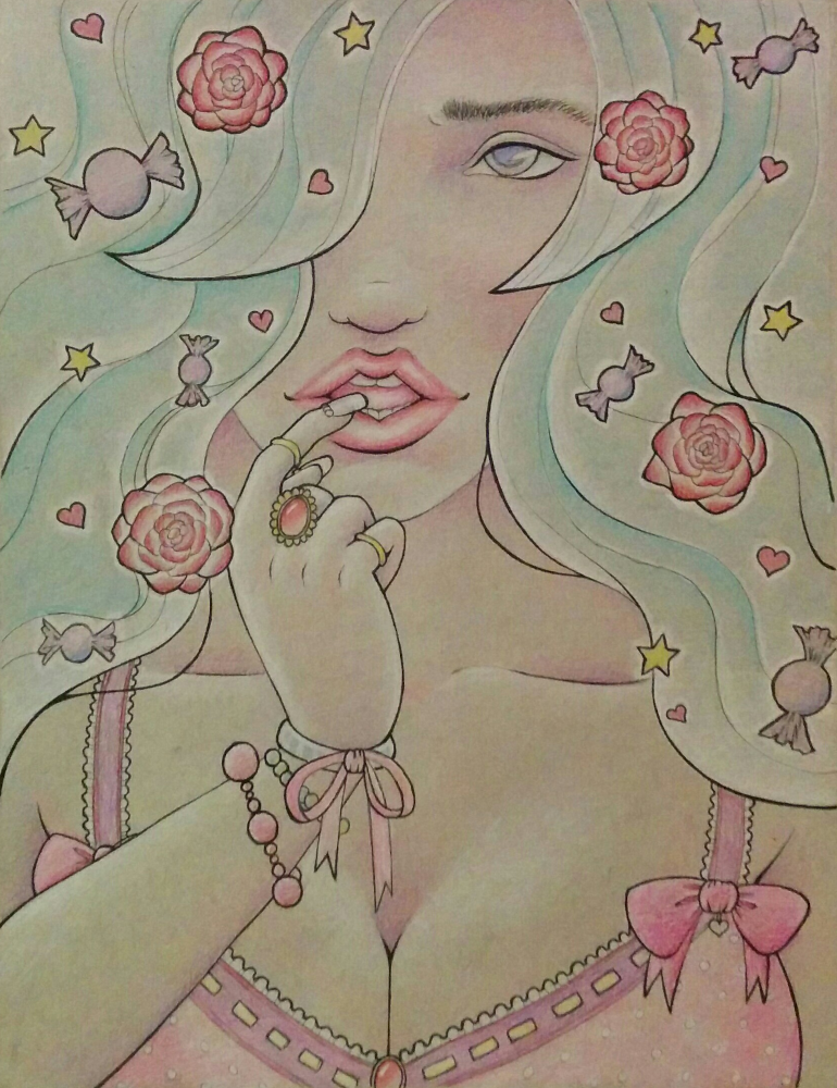 A colored pencil 
            drawing of a woman with a sultry expression and her hand up with her finger softly touching her open mouth. She has long flowing 
            light blue hair which has various candies and flowers in it. She wears a pink lacy bra with little bows on it and her wrist has several pieces of jewelry.