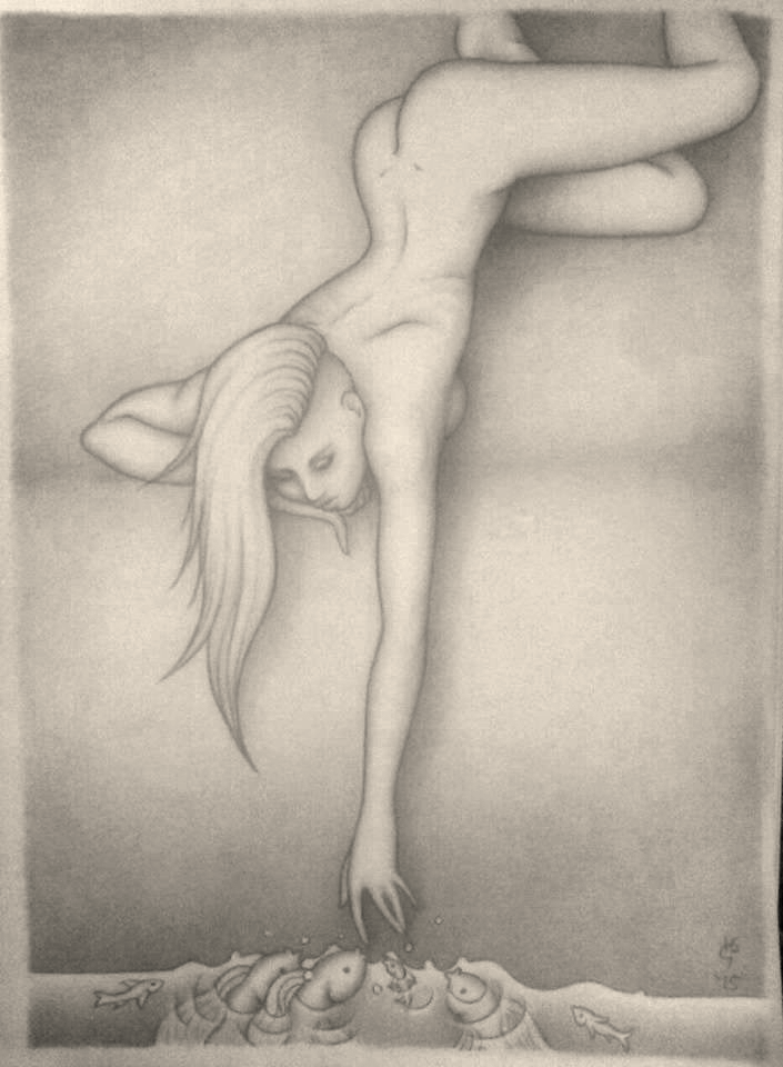 A graphite drawing of a nude 
            woman with long hair and an undercut lying on a flat surface and reaching down towards water where several large koi-like fish are swimming 
            towards her fingertips with their faces above the surface.