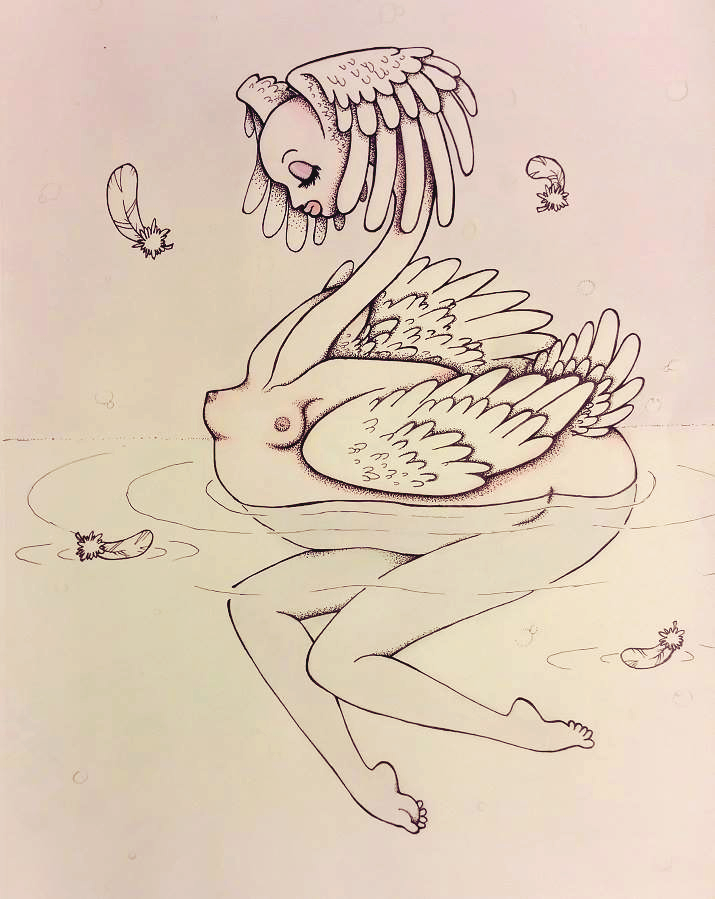 A pastel tone colored pencil drawing of a woman, 
            grotesquely misshapen into the shape of a swan. Her head has no hair and she has feathered wings where her ears would be. Her face is downturned with her eyes 
            closed and a calm expression. Her long neck extends in a curved shape to her chest which sits near the water. Her arms become wings, and her torso is 
            disproportionately large and floats on the water horizontally like a swan. Her legs extend down from her floating body, her toes pointed gracefully.