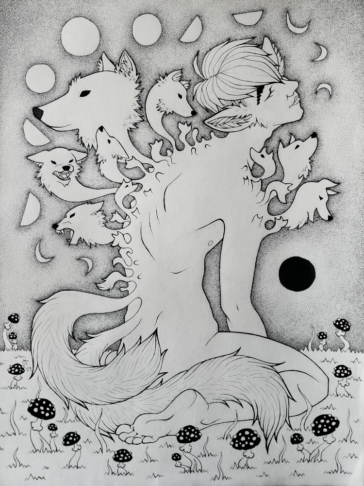 An ink drawing of a nude thin male figure, sitting on his knees
            on grass surrounded by a ring of dark mushrooms with light spots. His eyes are closed in a peaceful expression; he has vague fuzzy animal ears, and on his back 
            and one visible shoulder various wolf heads grow out of his skin organically. To the left of the page, further down his back, there are two wolves with snarling faces;
            further up his back the wolves have more neutral postures, one staring into the distance to the left. On his shoulder, to the right of the page, the wolves appear more energetic 
            and one even has a smiling or laughing expression. From the base of his spine are growing several wolf tails, first a few tiny ones, then two large fluffy tails, which wrap around
            him down towards the ground. At the top of the page, many small moons surround the wolves and the man's head, crescents at the bottom left; fuller moons at the top left, to more 
            crescents at top right, finally to a dark new moon at the bottom left.
