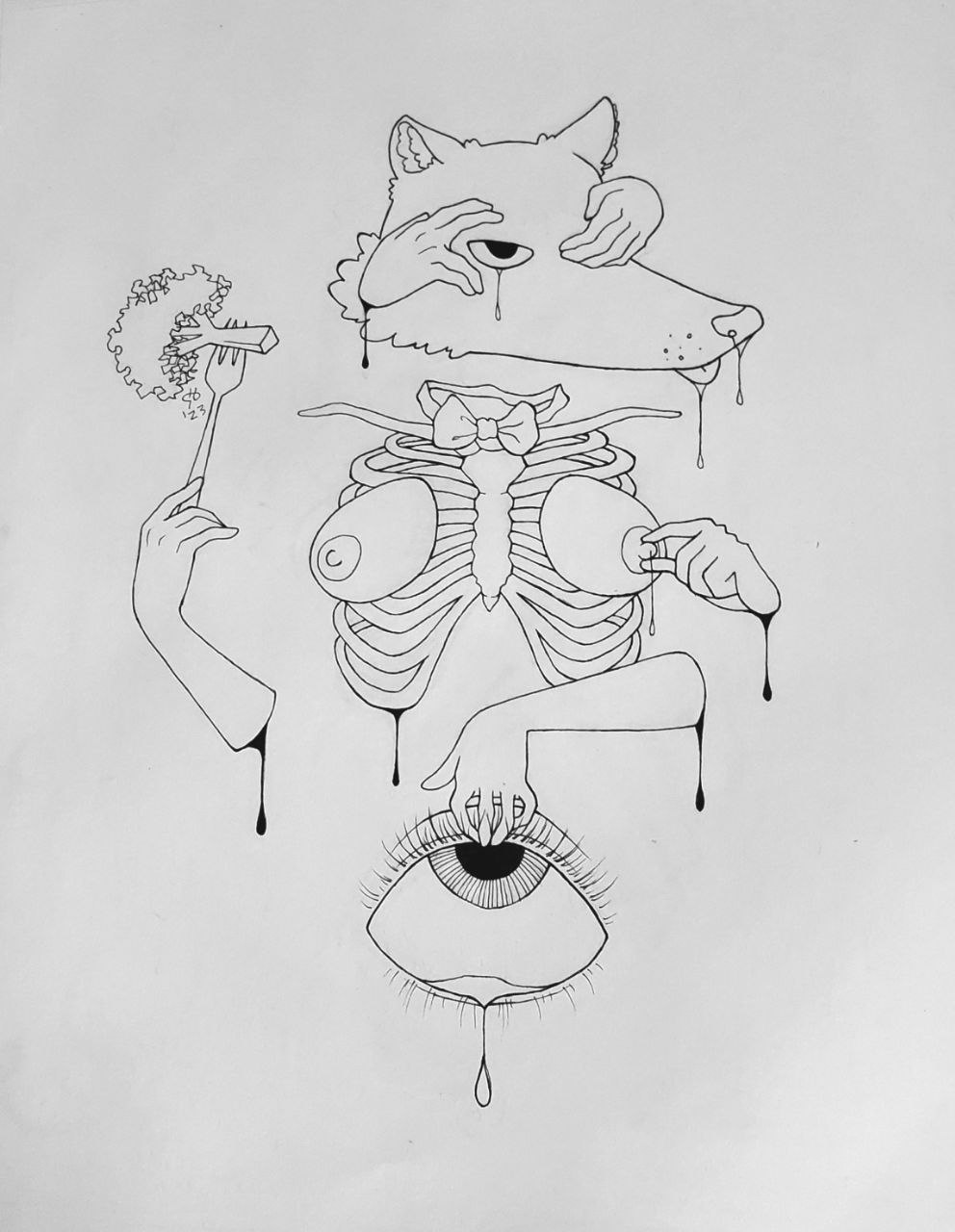black and white ink drawing
            of a floating wolf head with two disembodied hands covering its eyes, with one eye peaking through the fingers of one hand. A floating
            hand to the left holds a broccoli floret on a fork pointing upward. Beneath the wolf head there is a skeletal ribcage, with a bowtie
            above the collar bones and disembodied human breasts in front of the ribs. Another floating hand is pinching the nipple of the left
            breast on the right side of the page. Another hand is reaching down to hold open the eyelid of a giant eye which is rolling upward
            and is shedding a single tear.