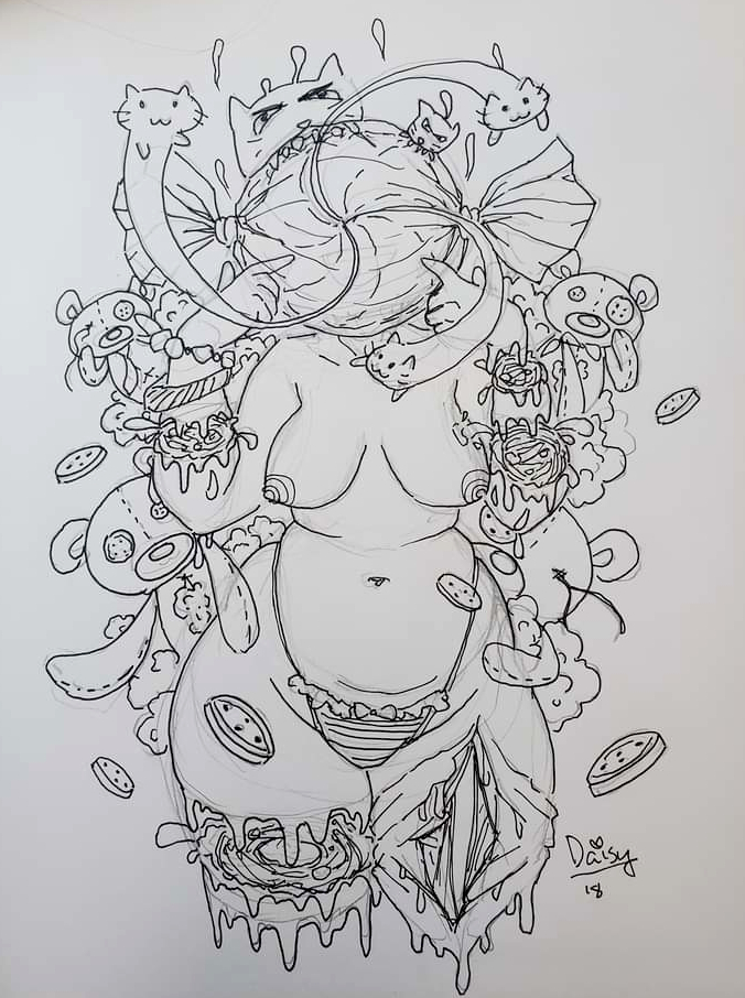 An ink drawing with pencil sketch visible. A curvy woman with a wrapped piece of peppermint candy where her 
            head should be. Her hands are raised and her fingers are pointed as if touching her cheeks. A cat-like creature's head bites the top of hte candyhead. From the center of the candy small ghost cats spiral outward around her. 
            Around her are several stuffed teddybears with button eyes and torn seams, and stuffing and stray buttons float around her. She wears pretty thong underwear and has multiple large wounds revealing muscle and bone: one on 
            her thigh and each arm.