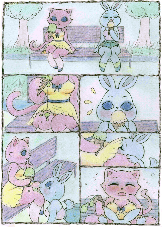 An erotic comic strip of two cartoon lesbian furry anthro characters, 
            a bunny and a cat, eating ice cream. A drop of ice cream falls on the cat's thigh, and the bunny licks it off and then starts eating the cat's pussy under her skirt. The cat drops the 
            rest of her ice cream as she enjoys receiving oral sex.