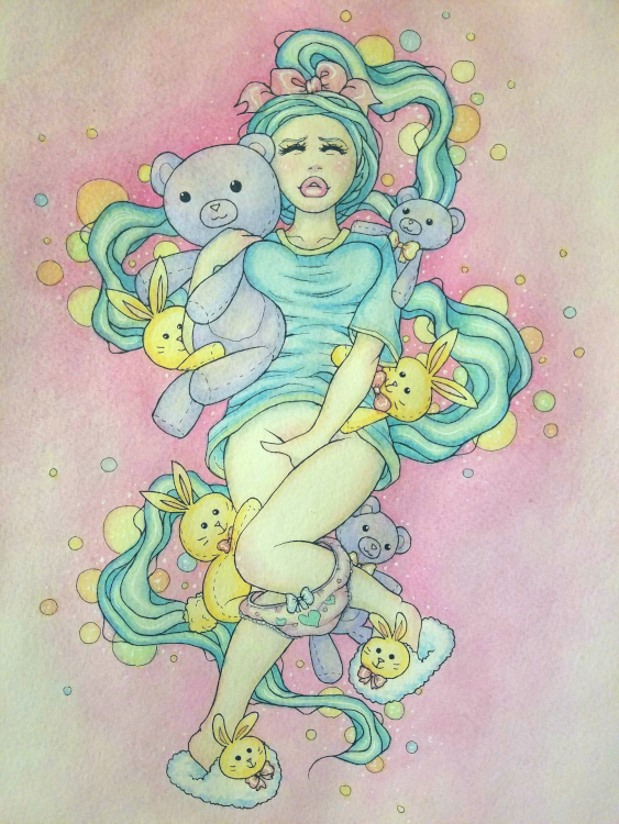 A colorful erotic 
            watercolor painting depicting a cis woman floating in a void and masturbating with her cute panties pulled down to her knees. 
            She has a long green ponytail behind her, a T-shirt, and fluffy bunny slippers. She is holding a purple teddy bear, 
            and multiple smaller teddy bears and toy bunny rabbits peek out from behind her shoulders and legs.