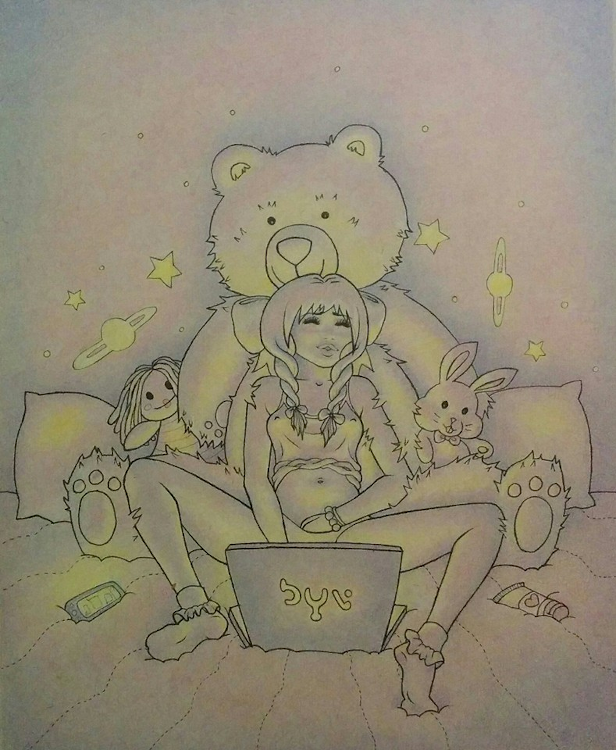 rawing of a young 
            woman sitting on her bed with legs open, and she is leaning against a giant teddy bear, a doll, a bunny, and a few pillows. 
            She has one hand in her panties and the other on her laptop, which is open in front of her. A phone sits on the bed to her left 
            and a bottle of lubricant on her right. Yellow light glows from the phone and laptop, illuminating against a purple backdrop.