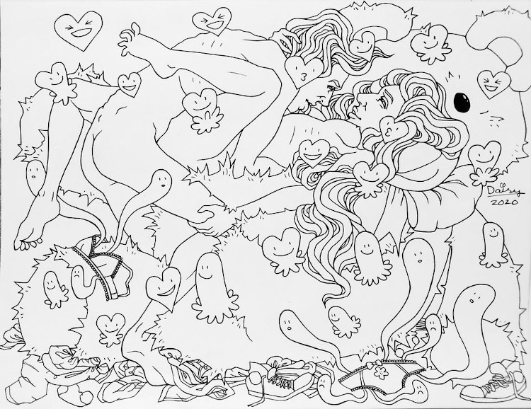 An ink drawing of a masculine 
            presenting person and a feminine presenting person are having sex and gazing into each other's eyes, both nude, on top of a giant teddy bear. 
            They are surrounded by ghost of various shapes, which rise out of their clothes on the floor as sad little ghosts and then begin dividing themselves from the top to 
            transform into happy laughing heart-shaped ghosts.