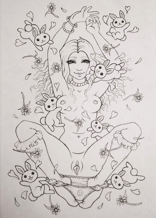 A black and white ink drawing of a smiling long-haired woman from the front, her arms up and her knees raised and her feet together. 
            She is nude except for a beaded necklace, knee-high frilly socks and her panties around her ankles. All around her little cartoon bunnies are embracing her, pulling her panties down, and emitting little hearts, as well as daisy flowers and petals 
            floating around her.