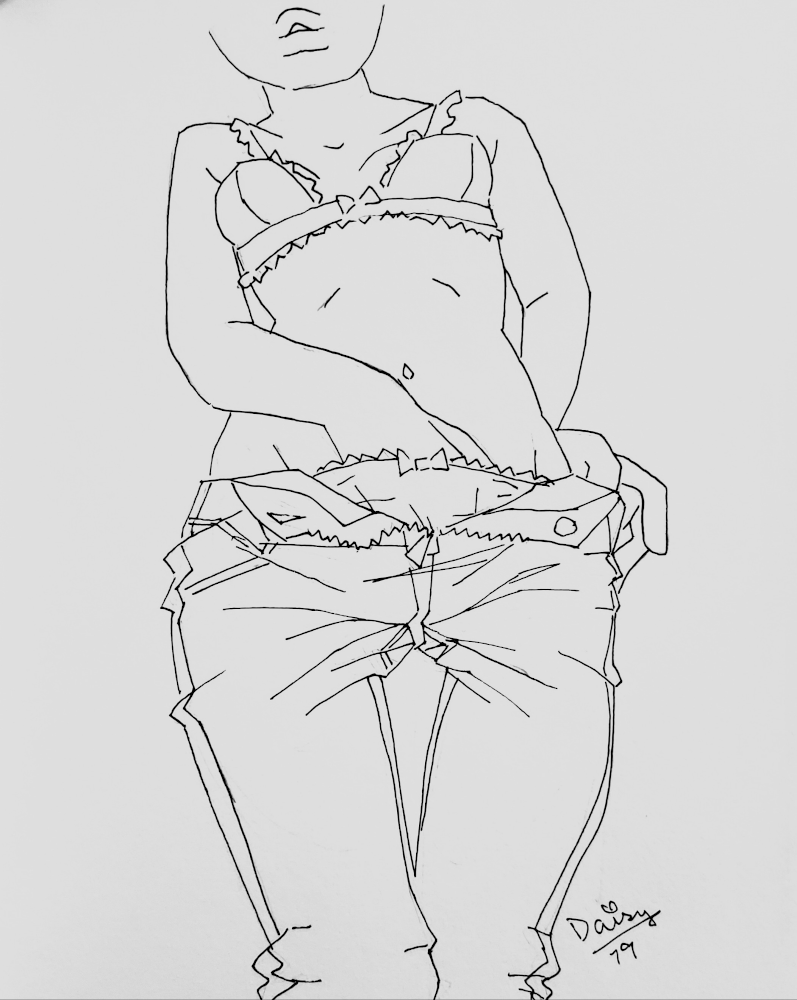A black and white ink drawing 
            looking upwards at a young woman shown from the bottom half of her face to just below her knees. She wears a bra and unbuttoned tight jeans and 
            she has one hand down the front of her panties which are showing through the unbuttoned fly of her pants.