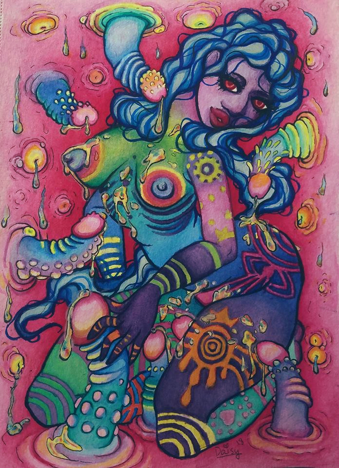 A watercolor painting in vivid colors 
            depicting a woman with multicolored, patterned skin, red eyes, red lips, and blue hair, surrounded by fleshy walls which have ornate, multicolored, 
            multi-textured phalluses or penises protruding from them towards her.