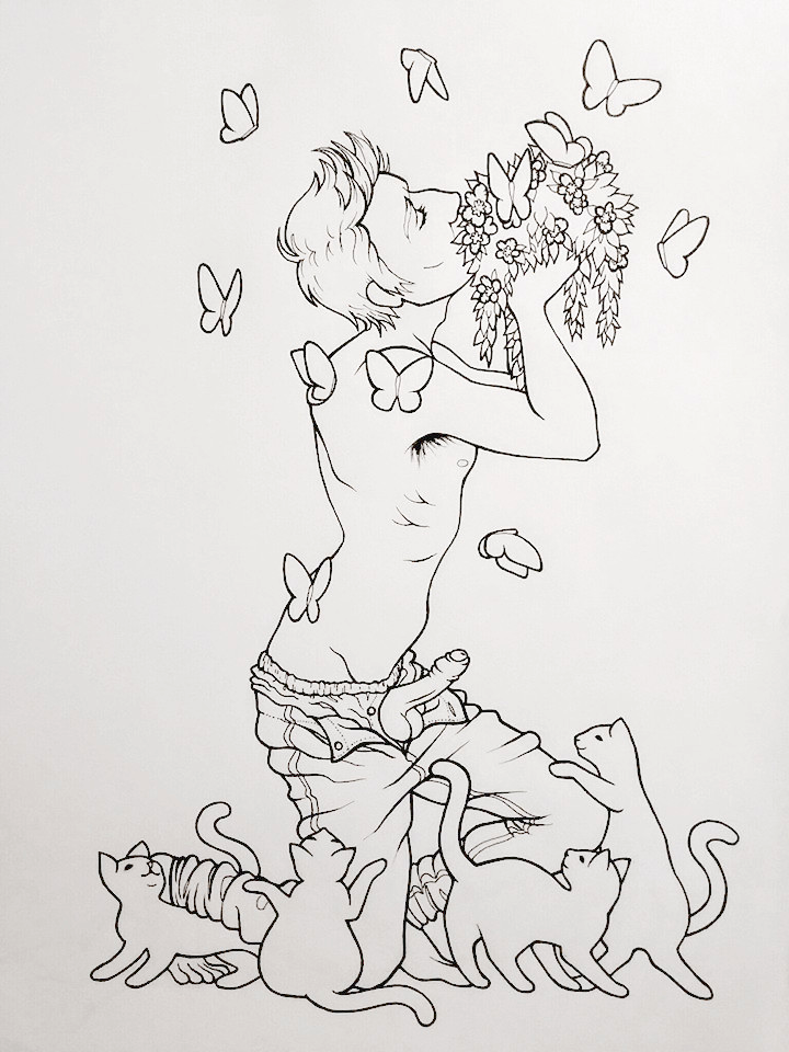 An ink drawing of a young 
            thin man with short hair kneeling on one knee and holding a bundle of flowers and leaves to his face. He is shirtless, his pants are unbuttoned 
            and his hard penis is protruding from his fly. Several cats walk around him rubbing against his legs and butterflies fly around his head and his flowers.