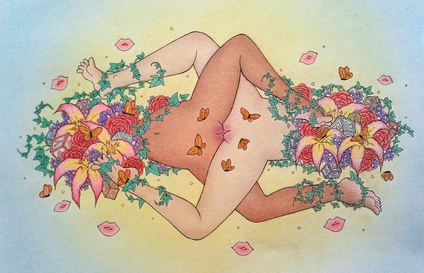 A colored pencil drawing 
            of a dark-skinned woman and a lighter-skinned woman with their legs entangled and their vulvas rubbing together. 
            Their upper halves are obscured by dense bundles of lillies, roses, ivy vines, and toy alphabet blocks. 
            Orange butterflies and pink kissy-lip shapes float around them on the page.