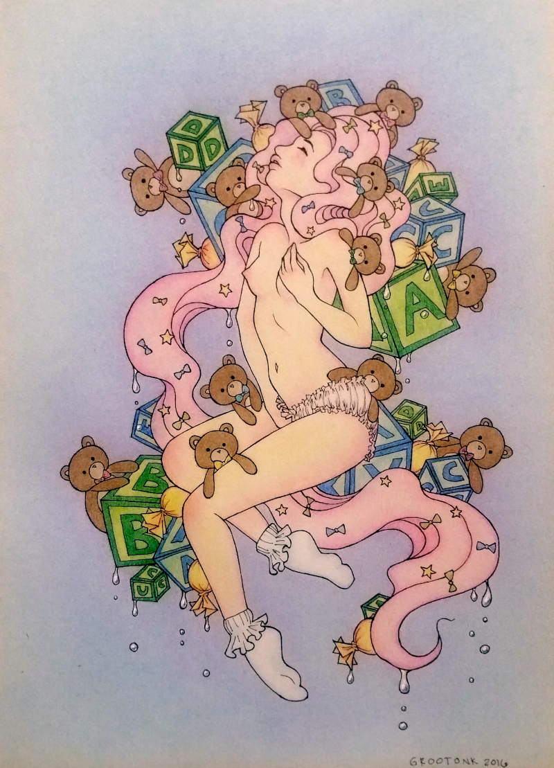 surreal drawing of a young woman 
            floating in mid-air. She has long flowing pink hair, which is decorated with tiny colorful bows and stars, and tiny teddy bears pop out at all angles. 
            She has one hand in her frilly panties and the other on her breast. Large letter block toys and yellow candies float around her.