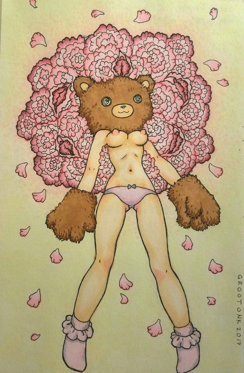 A copic marker drawing of a thin 
            light-skinned woman with a giant teddybear head and big teddybear paws, wearing only frilled socks and panties, on a yellow background. 
            Around her head are densely arranged pink flowers with several vulva-shaped flowers among them.