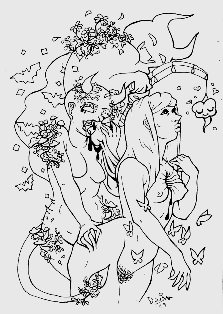 An ink drawing of a nude woman, 
            with a hole in her chest which comes out the other side behind her where a demonic-looking woman is holding her still-attached heart as if about to take a bite. 
            The demon woman is grabbing the human woman's butt, and has mushrooms growing out of her skin. From her another more simplified demon creature rises up, 
            flowers growing out of his back, hunched over and holding a fishing rod which has a tiny simplified heart at the end. The fishing rod heart is being held 
            in front of the human woman who looks up at it with an expression of curiosity. Tiny bats fly around the demon creatures while little butterflies fly around the woman.